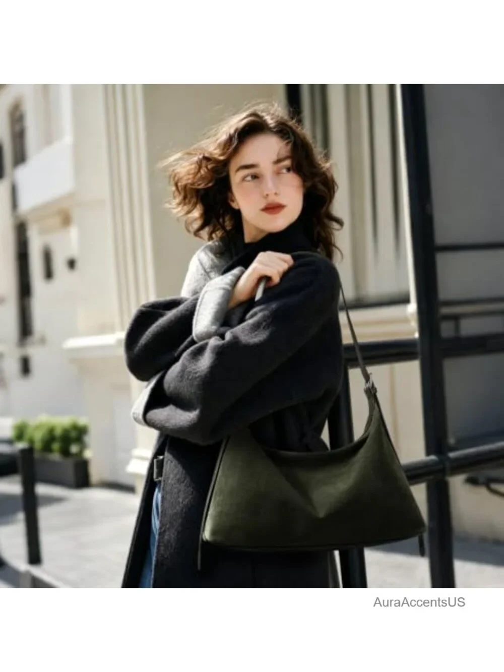 Faux Suede Crescent Hobo Tote Bag with Adjustable Strap